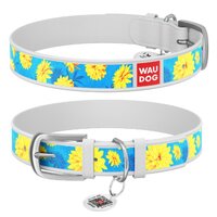 Нашийник Waudog Design з малюнком "Квіти на блакитному", Преміум шкіра, Металева пряжка, Білий колір