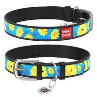 Нашийник Waudog Design з малюнком "Квіти на блакитному", Преміум шкіра, Металева пряжка, Чорний колір